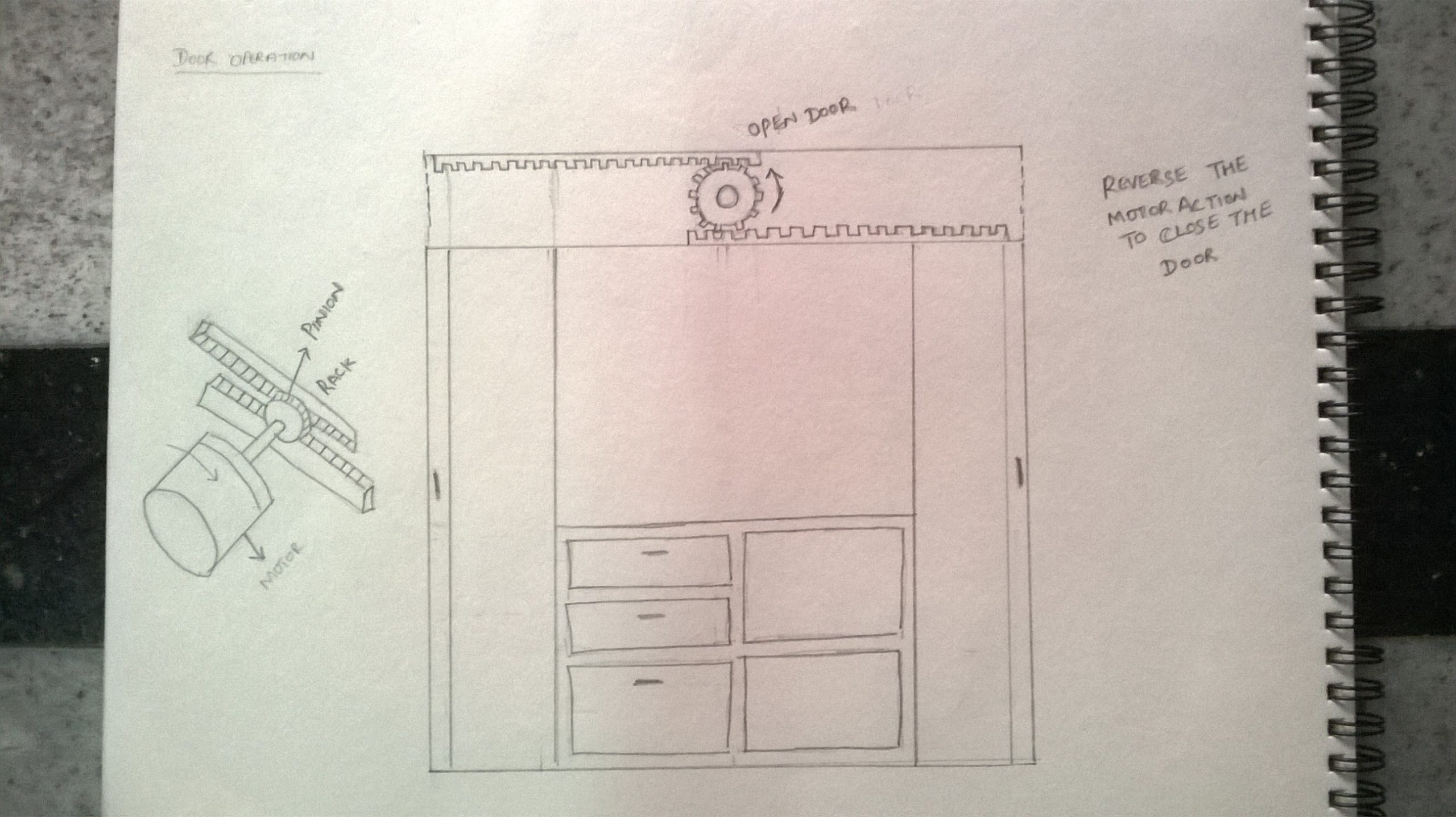 WP_20160929_017 A 2rack and 1pinion with motor setup is used at the top of the wardrobe. Have forward and reverse direction of motor to open and close the door
